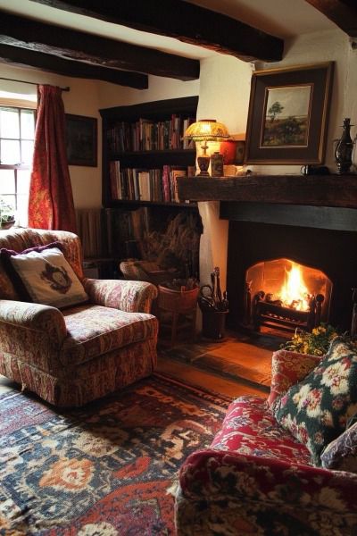 Cottage Core Mantle, Small Cozy Home, English Cottage Living Room, Salons Cottage, Cosy Homes, Cottage Cat, Seaside Cottages, English Cottage Interiors, Cotswold Cottage