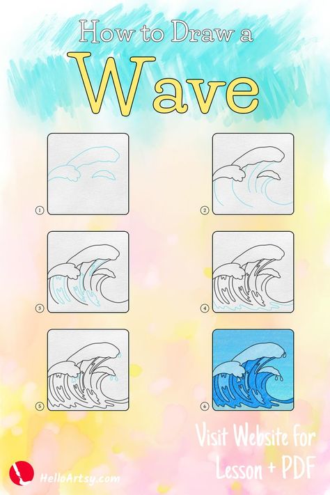 Step by step images demonstrating a how to draw a wave - A Drawing Lesson for Beginners! Nautical Drawing, Doodle Art For Beginners, Wave Drawing, Beach Drawing, Boat Drawing, Drawing Lessons For Kids, Drawing Lesson, Easy Doodles Drawings, Wave Art