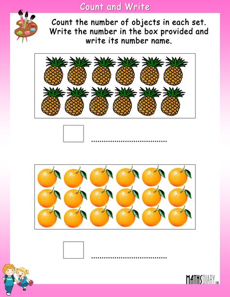 Count the objects and write the number and number name - Math Worksheets - MathsDiary.com Writing Numbers Kindergarten, Budget Worksheets Excel, Number Writing Worksheets, Number Recognition Worksheets, Count And Write, Worksheet Preschool, Number Writing, Counting Objects, Counting Worksheets