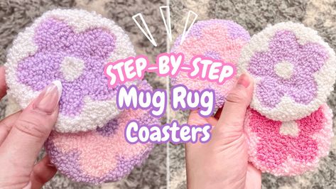 Punch Needle Cup Coaster, Diy Mug Rugs Tutorials, How To Make Mug Rugs, Needle Punch Coasters Diy, Rug Coasters Diy, Yarn Coasters Diy, How To Make A Mug Rug, How To Make Punch Needle Coaster, Mug Rug Coasters