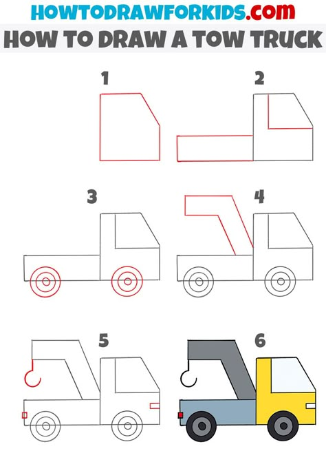 Simple Dump Truck Drawing, How To Draw Trucks Step By Step, How To Draw A Truck Step By Step, How To Draw A Truck, Simple Car Drawing, Trin For Trin Tegning, Drawing Lessons For Kids, Drawing Cartoon Faces, Easy Drawing Tutorial