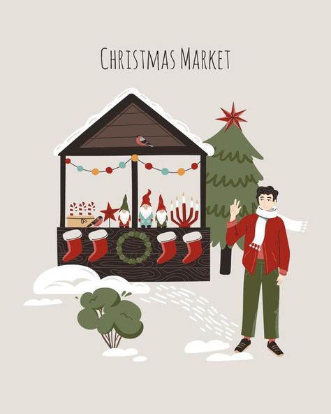 Concept of Christmas market stall with happy man. Winter illustration for poster, card, print, design. Christmas Poster Illustration, Christmas Market Poster, Winter Illustration Design, Christmas Market Illustration, Stall Illustration, Christmas Market Aesthetic, Christmas Market Stall, Xmas Design, Christmas Graphic Design