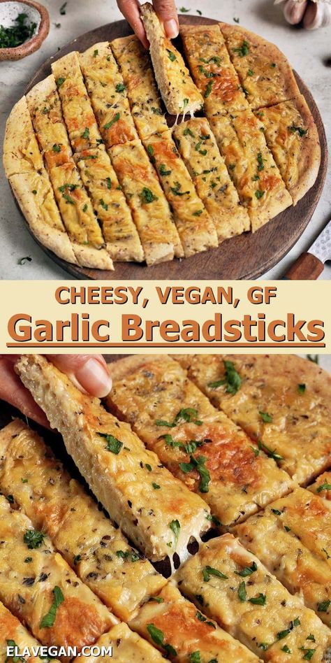 These vegan cheese breadsticks from pizza dough are cheesy, garlicky, and super moreish. They’re made with just 7 ingredients, including your choice of pizza crust (gluten-free, dairy-free, vegan, yeast-free, etc.), for a crowd-pleasing appetizer, snack, or side! Breadsticks From Pizza Dough, Vegan Breadsticks, Cheese Breadsticks, Ella Vegan, Cheesy Garlic Breadsticks, Vegan Pizza Dough, Dairy Free Pizza, Garlic Breadsticks, Vegan Bread