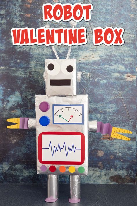 This Robot Valentine Box is such a great way for little ones to collect those classroom valentines. All you need are a few simple supplies, many of which you probably have already, and you've got an out-of-this-world valentine craft that everyone will love! Robot Valentine Box Ideas, Diy Valentine Mailbox Ideas, Robot Pinata, Hot Wheels Valentine, Diy Valentine's Mailbox, Diy Valentine's Box, Valentines Robots, Classroom Valentines Party, Valentine Box Ideas