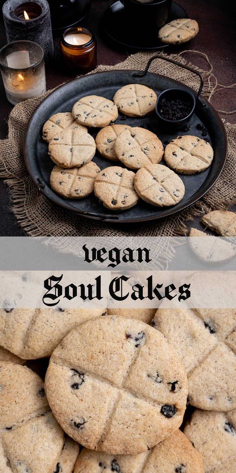 Vegan soul cakes - these delicious little spiced cakes/biscuits are a traditional British treat dating from medieval times. They were originally baked for All Hallow's Eve, All Saint's Day and All Soul's Day to commemorate the dead.

They are somewhere between a shortbread biscuit and a scone, have a warmly spiced flavour, are studded with currants and decorated with a cross. Vegan Soul Cakes, Vegan Yule Recipes, All Saints Day Food Ideas, Pagan Cookies, Autumnal Recipes, Soul Cakes, Vegan Bakes, Soul Cake, Easy Treats To Make