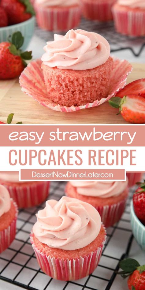 This strawberry cupcakes recipe creates pink cupcakes just like the box. They are fluffy, moist, and made from scratch with strawberry jam for a nice fruit flavor. Easy Strawberry Cupcakes, Strawberry Cupcakes Recipe, Strawberry Cupcake Recipes, Homemade Cupcake Recipes, Cupcake Recipes From Scratch, Delicious Cupcakes Recipes, Easy Cupcake Recipes, Homemade Breads, Homemade Cupcakes