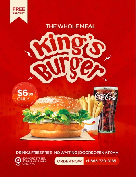 Promotional flier design Burger Design Poster, Food Graphic Design Poster Ideas, Food Promotion Design, Product Advertisement, Social Media Mockup, Christmas Advertising, Food Promotion, King Design, Graphic Design Ads