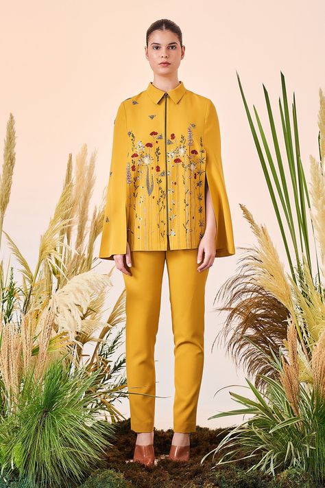 Buy Yellow Double Crepe Summer Bloom Shirt Collar Front Zipper Cape For Women by Shahin Mannan Online at Aza Fashions. Shahin Mannan, Cape For Women, Yellow Pants, Capes For Women, Work Party, Indian Fashion Designers, Pernia Pop Up Shop, Pants Design, Pant Set