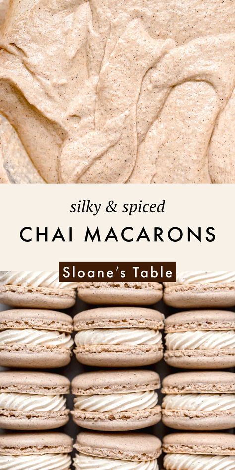 Chai Spice Macarons, Macaroons Recipe Flavors, Fall Flavored French Macarons, Best French Macaron Recipe, Chai Macarons Recipe, Macaroon Flavor Ideas, Cinnamon Roll Macarons, Christmas Macarons Recipe, Macroonies Recipe Flavors