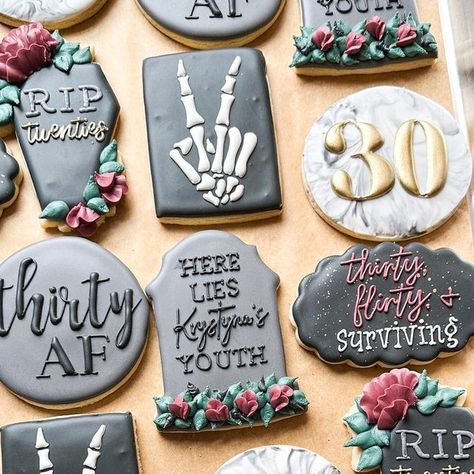 Rip Cookies Decorated, Thirtieth Birthday Cookies, Rip 30s Cookies, Dirty 30 Cookies Women, Rip 20s Birthday Cookies, 30th Cookies Birthday For Women, 30th Birthday Decorated Cookies, Cookies For 30th Birthday, Rip Cookies