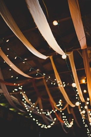 Swagging fabric alternative if the other fabric is too expensive?  I think this is definitely doable in the dancehall due to the low hanging beams Hanging Beam, Fabric Streamers, Speakeasy Wedding, Garage Party, Speakeasy Party, Garage Ceiling, Barn Party, Diy Jul, Barn Parties