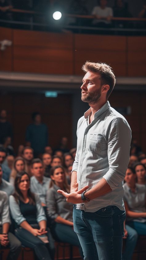 Confident Public Speaker: An engaging speaker delivers a presentation to an attentive audience in a formal auditorium setting. #speaker #audience #presentation #auditorium #public speaking #conference #stage #event #aiart #aiphoto #stockcake https://ayr.app/l/ZMJ2 Public Speaking Confidence, Seminar Photography, Speaker On Stage, Event Photography Ideas, Speaker Photography, Speaking On Stage, Conference Stage, Conference Photography, Future Board