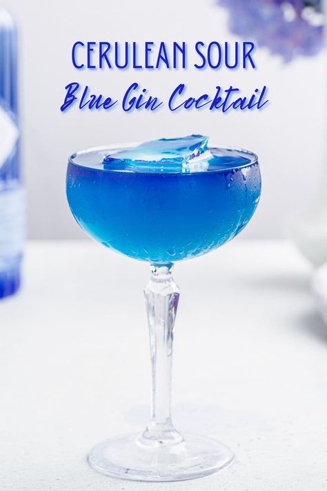 The Cerulean Sour is a blue gin cocktail without any food dye! This drink is naturally blue from using blue spirulina. It's a delicious and refreshing summer cocktail. Perfect for the 4th of July and Memorial Day celebrations too! Blue Cocktail Recipes, Blue Gin, Infused Gin, Gin Sour, Blue Spirulina, Blue Strawberry, Refreshing Summer Cocktails, Gin Drinks, Mixed Drinks Alcohol