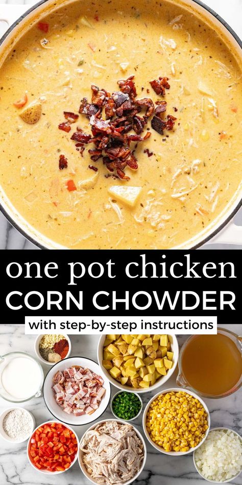 This creamy one-pot chicken corn chowder is loaded with rotisserie chicken, sweet corn, diced potatoes, and crispy bacon in a super creamy, flavorful broth. It takes about an hour from start to finish and is the perfect make-ahead meal! Chicken Chowder, Chicken Corn Chowder, Night Recipes, Raw Chicken Breast, Chicken Corn, Corn Chowder Recipe, One Pot Chicken, Diced Potatoes, Flavored Bacon