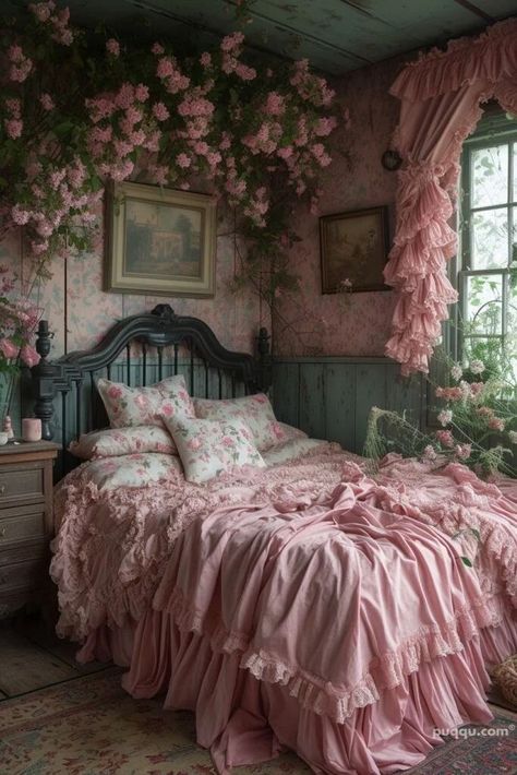 Green Fairy Room, Pink And Green Room Aesthetic, Furniture Goals, Green Cottagecore, Cottage Core Room, Cottagecore Bedroom, Fairy Room, Dark Green Walls, Cozy Fall Bedroom