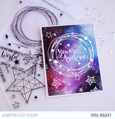 Hello ..I'm back again with a card that I made for Krumspring  When I saw You Are Awesome  set, I wanted to create a galaxy background.  S... Background S, Diy Galaxy, Galaxy Theme, Galaxy Background, Atc Cards, Bullet Journal Art, Galaxy Art, Bullet Journal Doodles, Hand Art