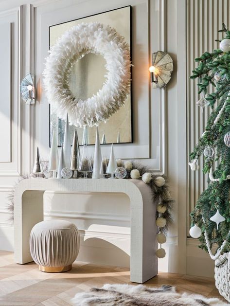 Glam Table, Antiqued Mirror, White Christmas Ornaments, Modern Christmas Decor, Pom Garland, Glass Tree, White Wreath, Holiday Garlands, Modern Console Tables