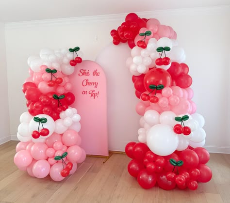 Celebrate your loved one who is just the cherry on top!  - This balloon garland kit contains the same color latex balloons as what is pictured - The quantity of each latex balloon color is dependent on the garland size selected from the drop down menu (pictured is a 20ft garland) - The latex cherries are included in each kit and the quantity is dependent on the garland size selected.  Inflation and assembly required. - Please note the backdrop and stand are not included and are not available for purchase Included In Every Kit: Latex balloons in shades as pictured (size of garland strand selected from the drop down menu) Step by step instructions for how to assemble the garland and the cherries garland wire (wire is recommended but a plastic strip can be provided upon request) high quality Cherry Birthday Party, Top Baby Shower Themes, Bachelorette Party Decorations Balloons, Cherry Birthday, Fruit Birthday, Baby Birthday Themes, Baby Shower Theme Decorations, Cherry Baby, Balloon Kits