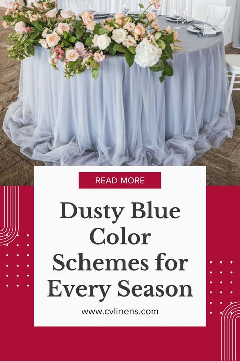 These stunning dusty blue color schemes for every season look so good, you'll want to bring them into your event today. | dusty blue wedding dusty blue wedding theme dusty blue bridal shower ideas wedding decor ideas wedding decor inspiration party aesthetic party decorations Dusty Blue Table Setting, Wedding Theme Dusty Blue, Blue Bridal Shower Ideas, Dusty Blue Wedding Theme, Blue Fall Wedding, Blue Table Settings, Wedding Color Combinations, Dusty Blue Color, Aesthetic Party