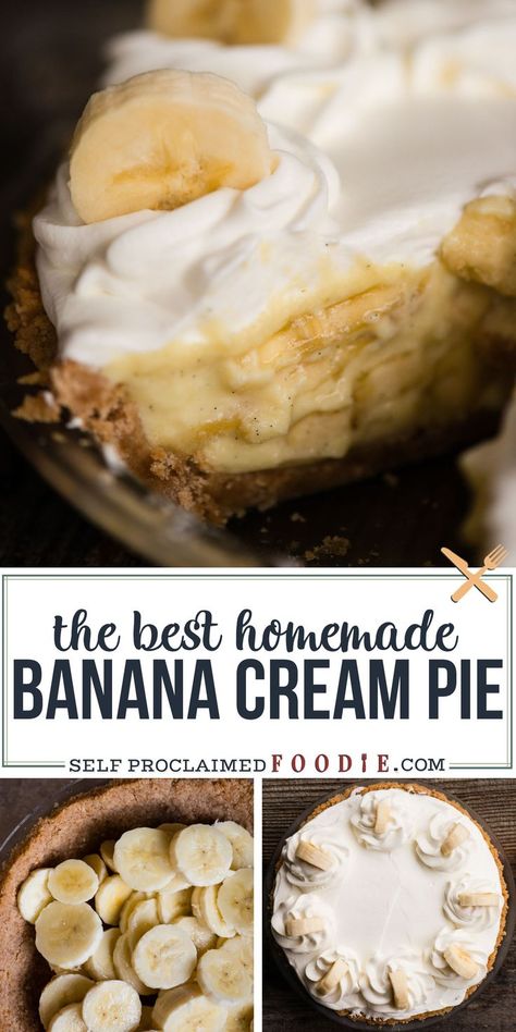 anana Cream Pie, with ripe bananas, homemade vanilla pudding, and a Nilla Wafer crust, is a true American classic when it comes to desserts. Each bite is a flavor explosion full of different textures that will send you right back to your youth. This is the best homemade Banana Cream Pie recipe you will find! #bananacreampie #nillawafers #vanillapudding #recipe #homemade #crust #withpudding Homemade Pudding Pie Recipes, Banana Custard Pie Recipe, Banana Easter Dessert, Easy Easter Pie Recipes, Easter Pie Dessert, Pies With One Crust, Homemade Thanksgiving Pies, Homemade Pie Filling Recipes, Banana Creme Pie Recipe