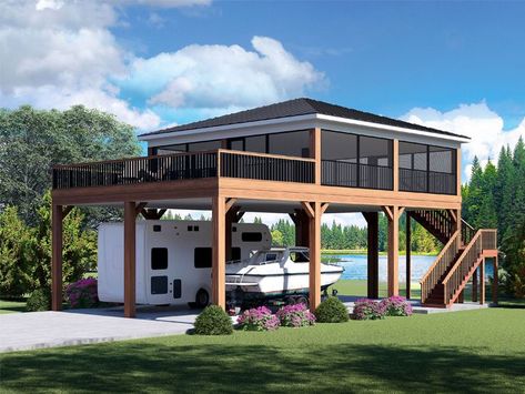 Open Garage Carport Ideas, Flood Zone House Plans, Screened Deck, Carport Design, Rv Shelter, Trailer Deck, Rv Carports, Car Ports, Open Deck