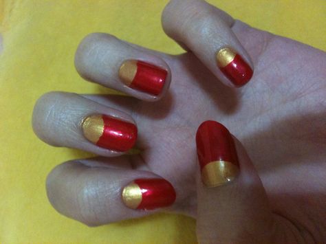 Gold and red half moon nails. Elegant and perfect for Christmas Red And Gold Nail Designs Classy, Red Half Moon Nails, Gold And Red Nails, Two Tone Nails, Half Moon Nails, Red And Gold Nails, Fancy Nail Art, Nails Elegant, Gold Nail Designs