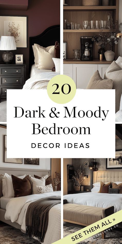 Looking to give your bedroom a makeover that feels dramatic, cozy, and oh-so-stylish? Check out these 20 inspiring moody bedroom decor ideas. This article has all the inspiration you need. From bold accent walls to lighting that sets the perfect mood, each idea is designed to make your bedroom feel super luxurious. You’ll find tips on everything from picking the perfect moody paint color to choosing the right furniture and decor pieces that bring warmth and personality to your space. Want to ... Master Bedrooms With Dark Walls, Master Bedrooms Decor Uk, King Size Bed Bedroom Ideas, Owners Suite Decor Ideas, Dark Brown Moody Bedroom, Main Bedroom Styling, Soft Moody Bedroom, Witchy Bedroom Ideas Cozy, Black Frame Bedroom Ideas