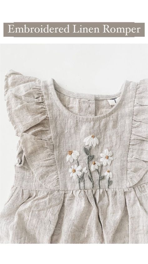 Sarah - DIY Embroidery Kits & Patterns | Embroidered this linen romper using my “little daisies” pattern. This is a pattern I used in a little embroidery hoop, but I printed the… | Instagram Hand Embroidery Baby Clothes, Baby Dress Embroidery, Snitches Get Stitches, Diy Embroidery Kit, Linen Romper, Girly Dresses, Baby Dresses, Mori Girl, Baby Crafts