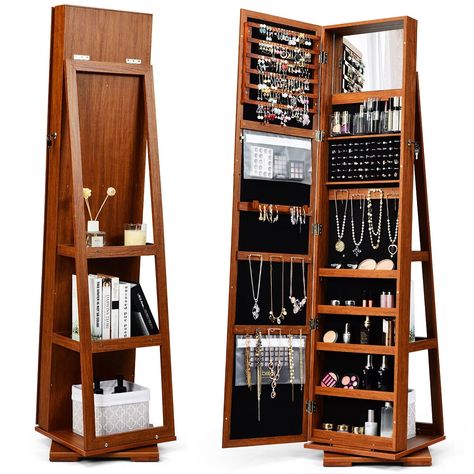 PRICES MAY VARY. 🎈【Multiple Storage Accessories】For your convenience to store all kinds of jewelry, this jewelry cabinet comes with 120 ring slots, 54 stud holes, 78 ring slots, 24 necklace hooks, one bracelet bar, 5 storage racks, 3 acrylic storage boxes and 2 dust-proof storage pockets. 🎈【360° Rotating Base with Back Shelves】Compared to ordinary jewelry cabinet, our jewelry organizer is equipped with a stable, rotatable base that swivels 360 degrees, making it easier to adjust the mirror. Behind the cabinet, there are 3- tier back shelves and with this rotating base, it’s easier to help you find your essentials. 🎈【2 Mirrors Inside & Outside】The full length mirror measures 11” x 57” which will give you a head-to-toe view of your outfit. In addition, the inside mirror measures 13.5” x 9 Jewelry Armoires, Acrylic Storage Box, Mirror Jewelry Storage, Standing Jewelry Armoire, Mirror Jewellery Cabinet, Mirror Jewelry Armoire, Acrylic Storage, Earring Storage, Jewelry Mirror