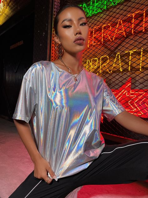 Silver Shirt, Disco Club, Drop Shoulder Tee, Fashion Buyer, Tee Outfit, Fantasy Clothing, Festival Outfit, Women Tops, Top Casual