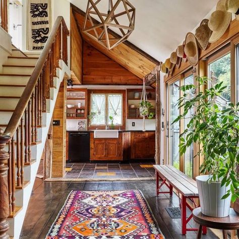 Spend a winter weekend in this boho-chic Hudson Valley cabin for $200/night | 6sqft Eclectic Hallway, Boho Cabin, Chic Cabin, Yurt Living, Log Cabin Interior, Cabin Chic, Hallway Designs, Cabin Interiors, Cabin Living