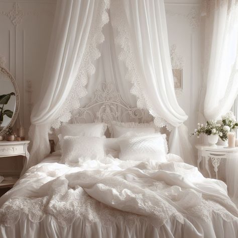 White Princess Room Aesthetic, Vintage White Bed, White Academia Bedroom, White Coquette Bedroom, White Victorian Bedroom, White And Beige Bedroom, White Bed Canopy, Lace Bedroom, Academia Bedroom