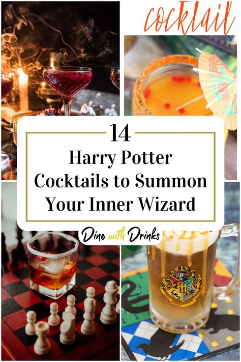 Collage of 4 harry potter cocktails. Golden Snitch Drink, Harry Potter Firewhiskey, Harry Potter Party Cocktails, Hufflepuff Themed Drinks, Easy Harry Potter Cocktails, Harry Potter Themed Alcoholic Drinks, Harry Potter Cocktails Alcohol, Harry Potter Alcoholic Drinks Recipes, Easy Harry Potter Recipes