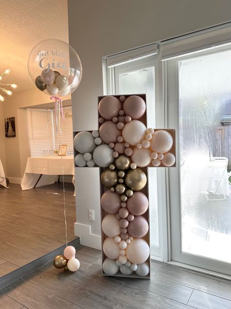 Cross Balloon Mosaic, Cross Balloon Garland, Birthday And Baptismal Decoration, Baptism For Girls Decoration, Simple Baptism Decor, First Communion Balloons, Outdoor Baptism Party Ideas, Baptism Celebration Ideas, Baptism Party Ideas Girl