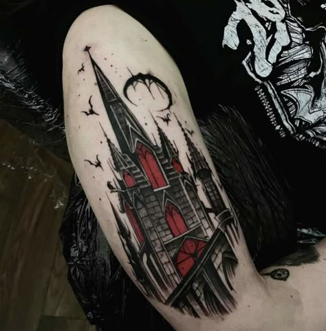 Cathedral Tattoo Sleeve, Vampire Castle Tattoo, Goth Arm Sleeve Tattoo, Goth Cathedral Tattoo, Goth Architecture Tattoo, Gothic Arm Sleeve Tattoo, Gothic Building Tattoo, Gothic Sleeve Tattoos For Women, Vampire Tattoo Ideas Gothic