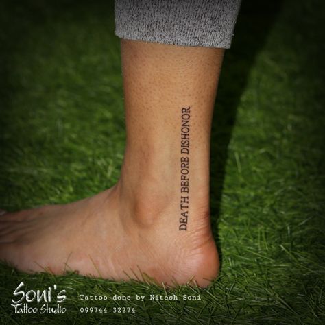 Word Ankle Tattoo, Ankle Tattoo Quote, Foot Tattoos For Men Guys, Mens Foot Tattoos, Men’s Ankle Tattoo, Foot Tattoo Men, Dishonored Tattoo, Tattoo On Ankle, India Tattoo