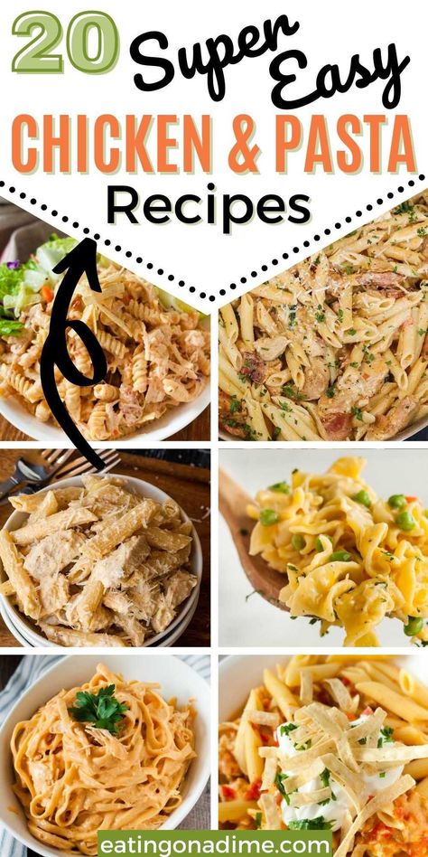 Serve your family a tasty dinner even during busy weeknights when you try these chicken and pasta recipes. Find quick and easy recipe options. There are tons of options to choose from with these chicken pasta recipes: creamy, tomato, diary free and healthy options too! You will love these easy to make and simple chicken and pasta recipes! #eatingonadime #chickenrecipes #pastarecipes #dinnerrecipes Quick Easy Dinner With Rotisserie Chicken, Quick Chicken Casserole Recipes Simple, Pasta And Canned Chicken Recipes, Chicken And Pasta Dishes Easy, Easy Diced Chicken Recipes Dinners, Pasta Dishes Recipes Chicken, Chicken Pasta Lunch Ideas, Easy Chicken And Noodle Recipes, Pasta To Go With Chicken