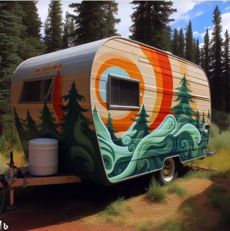 Tent Trailer Exterior Paint, Painting A Camper Exterior Glamping, Camper Mural, Rv Murals Exterior, Painting Camper Exterior, Painted Camper, Camper Painting Exterior, Painted Camper Exterior, Vintage Camper Art