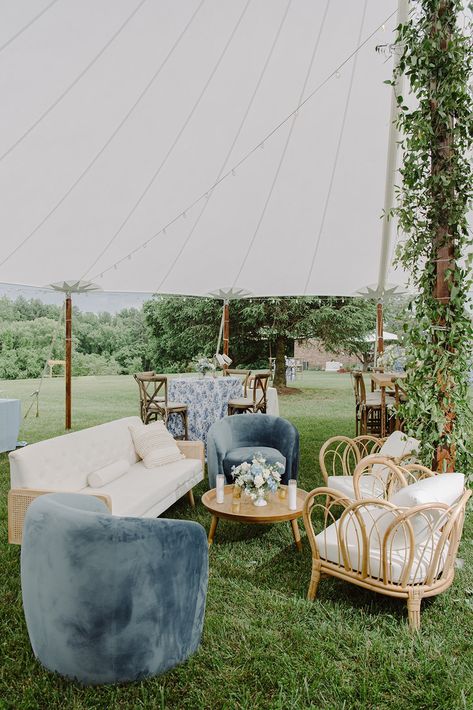 Lounge seating at a wedding is a must! We love this seating area that we designed for this gorgeous outdoor estate wedding in Maryland.  Garden Wedding Ideas | Blue and white wedding | Baltimore Wedding Ideas | Baltimore Wedding Venue | How to Plan a Wedding in Baltimore | Baltimore Wedding Planner | Baltimore Wedding Decor Rentals | Seating for Weddings | Wedding Guest Chairs | Wedding Lounge ideas | Furniture for weddings | Chairs for weddings | Moore & Co Events | Sailcloth Tent Wedding Outdoor Wedding Seating Ideas Reception Lounge Areas, Wedding Cocktail Hour Seating Lounge Furniture, Seating Area At Wedding, Wedding Seating Vignettes, Couches Outside Wedding, Wedding Cocktail Lounge Area, Wedding Seating Couches, Wedding Furniture Ideas, Backyard Wedding Lounge Area