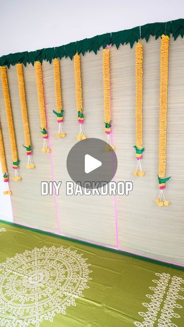 Dupatta Backdrop Ideas, Crepe Paper Decorations Backdrop, Crepe Paper Backdrop Diy, Simple Backdrop Ideas, Backdrop Decorations Diy, Crepe Paper Backdrop, Crepe Paper Garland, Thread And Needle, Pooja Decor