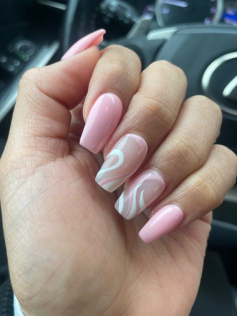 Cute Nails Pink Acrylic, Acrylic Nails Ideas Pink And White, Light Pink Nail Designs Coffin, Nail Ideas Soft Pink, Simple Nails Pink And White, Pastel Pink Nails Acrylic Design, Light Pink Aesthetic Nails Short, Light Pink Nailsdesign, Light Pink Nails With Swirls