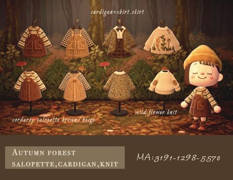 Clothing Animal Crossing, Animal Crossing Autumn, Forest Outfits, Forest Outfit, Acnh Fashion, Clothing Codes, Acnh Cottagecore, Acnh Clothes, Forest Core