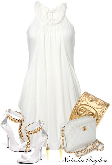 "Grecian Goddess" by natasha-gayden on Polyvore Gold Outfits, White Dress Outfit, Grecian Goddess, Gold Accessories, White Outfits, Fashion Wear, White Fashion, Cute Casual Outfits, Look Fashion