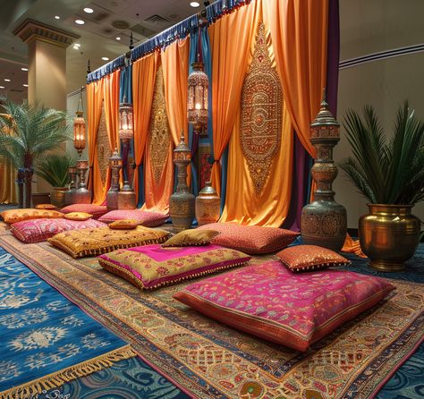 Simple and Popular Arab Party Decoration Ideas for Your Home - Home Hacks Mughal Theme Restaurant, Arab Theme Party, Arabic Party Decoration, Arabian Night Decoration, Arabian Nights Decor, Henna Night Decoration Turkish, Arabian Night Decor, Arabic Theme Party, Arabic Night Party Ideas