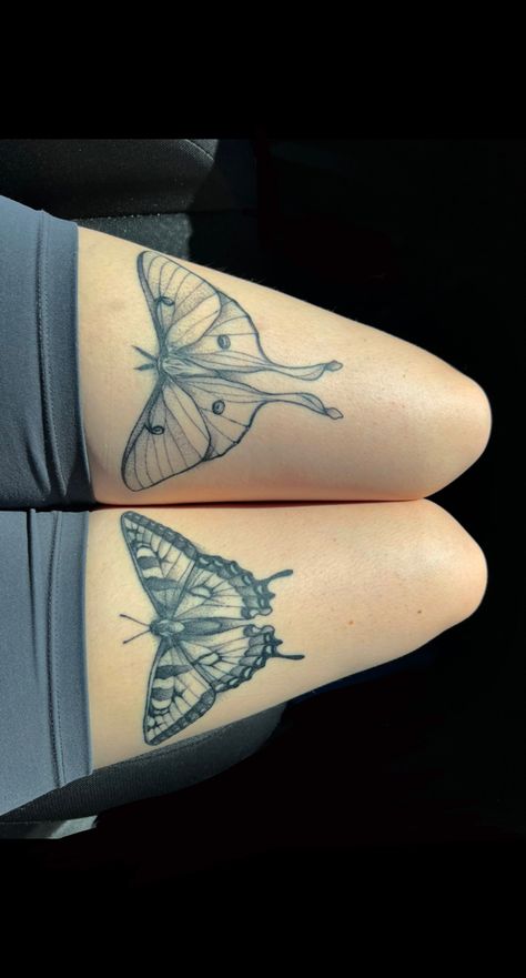 Moth Tattoo Knees, Moth Or Butterfly Tattoo, Under Knee Tats, Thigh Moth Tattoos Women, Butterfly And Moth Tattoo Above Knee, Under Knee Moth Tattoo, Luna Moth Leg Tattoo, Butterfly Tattoo Placement Ideas Leg, Thigh Tattoos Butterflies