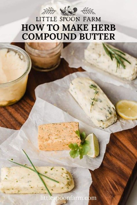 Learn how to make an easy herb butter for things like steak, chicken, garlic bread, corn, salmon, turkey and more! This post include 5 different variations of savory compound butter that is super simple to make. Combinations include garlic, rosemary, thyme, lemon and chives. Chicken Garlic Bread, Compound Butter Recipes, Flavored Butter Recipes, Butter Recipes Homemade, Compound Butters, Compound Butter Recipe, Herb Butter Recipe, Tomato Butter, Chicken Garlic