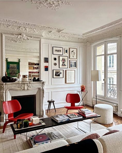 Lebanese In DC | An elegant touch of red in Paris @charlesgmagne #parisianstyle #haussman #haussmannien #appartementparisien #appartementhaussmannien… | Instagram Parisienne Apartment, Paola Marella, Transitional Interior Design, Paris Interiors, Parisian Interior, French Apartment, Interior Design Per La Casa, Design Salon, Living Room Red