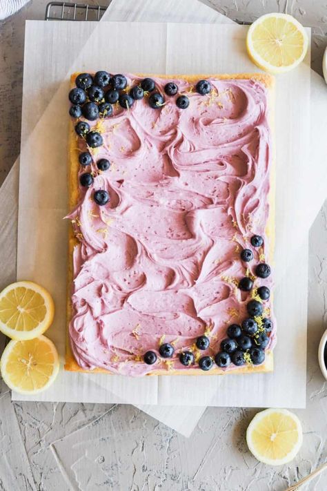 Lemon Sheet Cake Decoration, Sheet Pan Cake Decorating Ideas, Cosy Food, Lemon Sheet Cake, Blueberry Puree, Blueberry Frosting, Recipe Development, Wedding Foods, Dessert Oreo