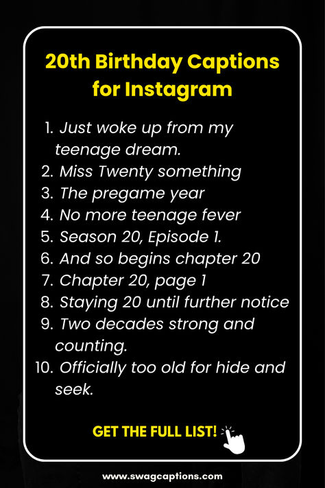 Unlock the perfect vibe for your 20th birthday bash with these trendy Instagram captions! Explore 20th Birthday Captions for Instagram that radiate youthful joy and make your celebration unforgettable. Birthday Profile Caption, 20th Birthday Quotes Instagram, My 20th Birthday Captions, 20 Yrs Old Birthday Caption, My 20th Birthday Quotes, Funny 20th Birthday Captions, 20th Birthday Celebration Ideas, Simple 20th Birthday Ideas, Caption For 20th Birthday Post