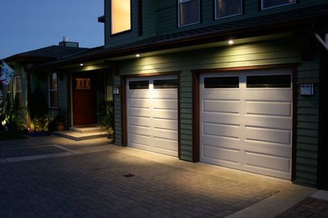 8 Outdoor Recessed Lighting Ideas for Your Porch - Flip The Switch Lights Over Garage, Over Garage Door, Outdoor Recessed Lighting, Exterior Garage Door, Garage Door Lights, White Garage Doors, Carriage Lamps, White Garage, Garage Door Panels